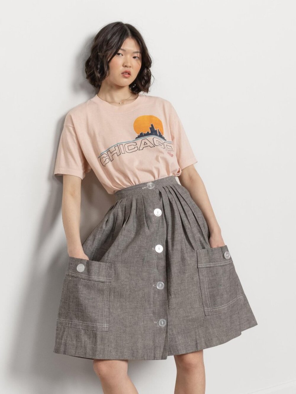 Vintage Grey Severe Pleated Skirt Linen Knee Length Xs / 24 Inch Waist - Picture 2 of 10